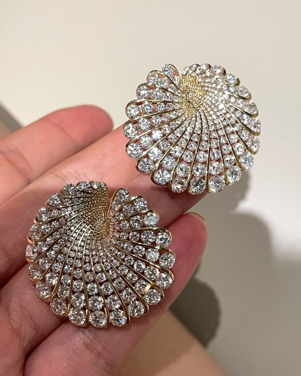 Diamond Spiral Stud Earrings - 18K Yellow Gold Ribbed Wave Design