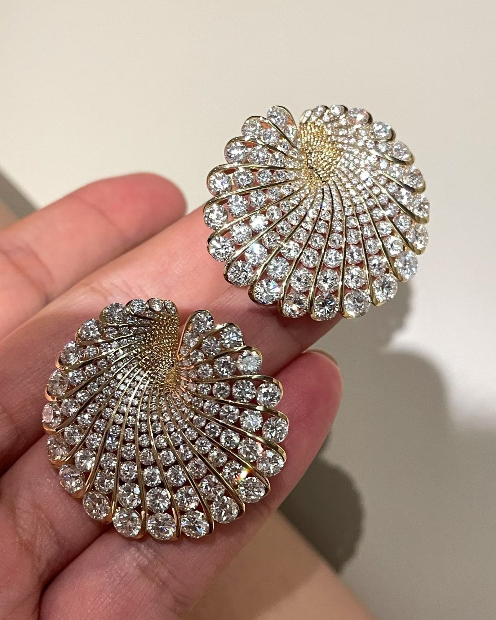 Diamond Spiral Stud Earrings - 18K Yellow Gold Ribbed Wave Design