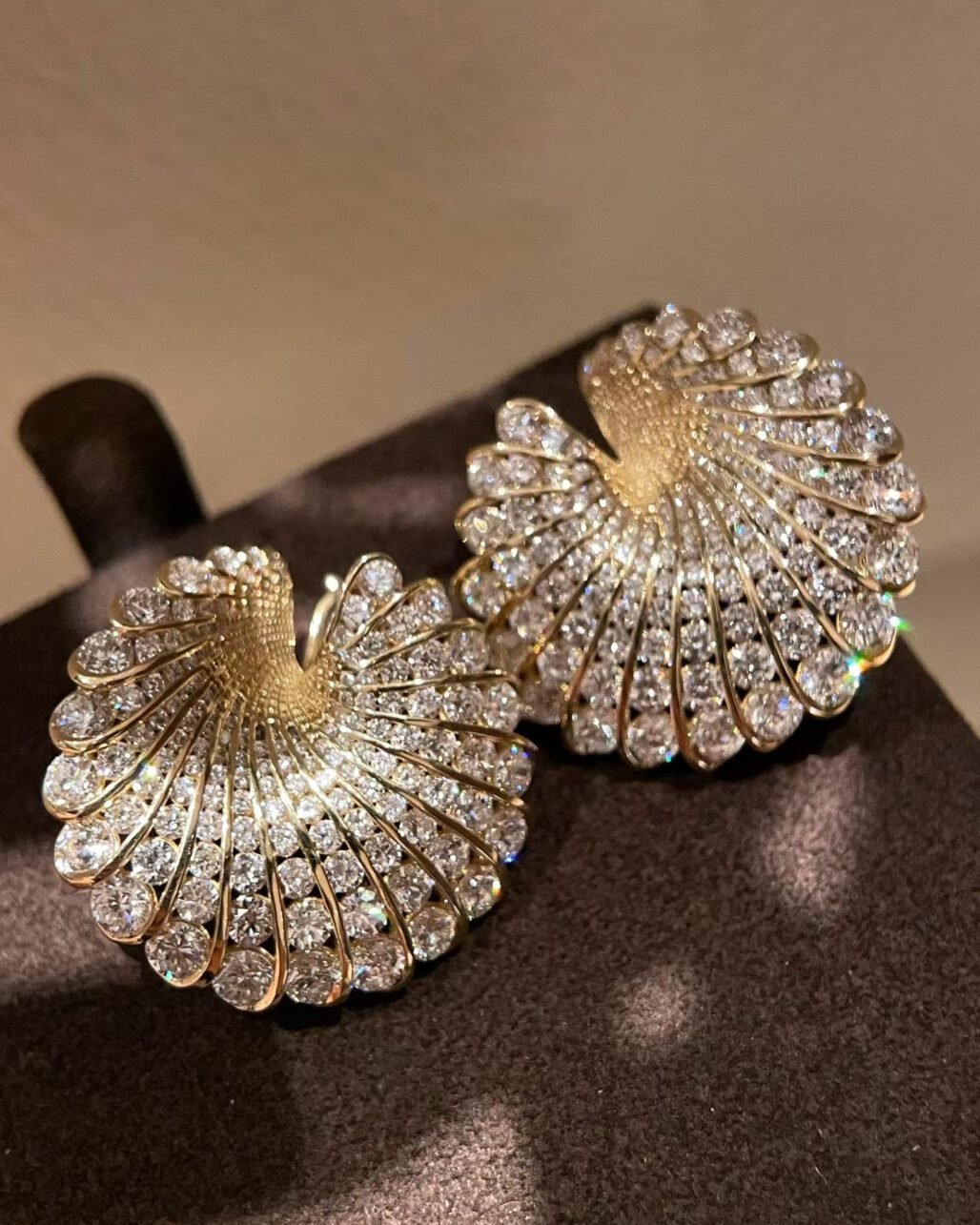 Diamond Spiral Stud Earrings - 18K Yellow Gold Ribbed Wave Design