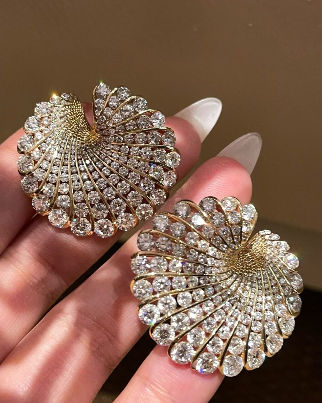 Diamond Spiral Stud Earrings - 18K Yellow Gold Ribbed Wave Design