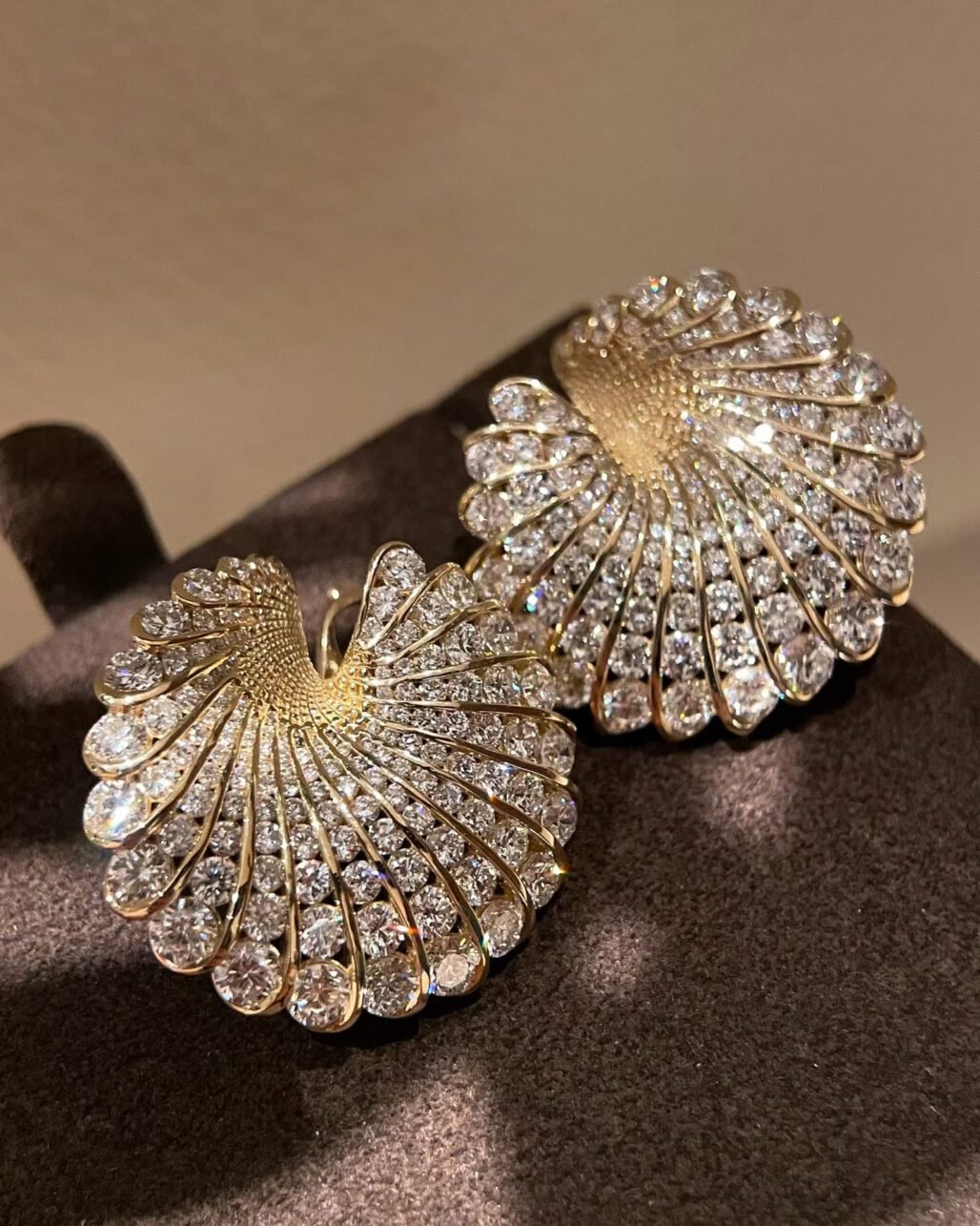 Diamond Spiral Stud Earrings - 18K Yellow Gold Ribbed Wave Design