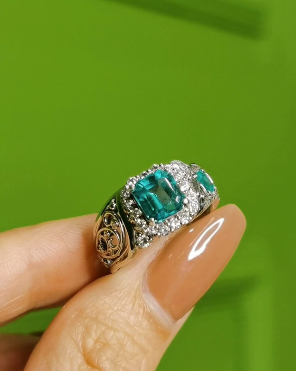 Asymmetrical Zambian Emerald Ring - Heavy Gold "Wave" Carving (Unisex Style)