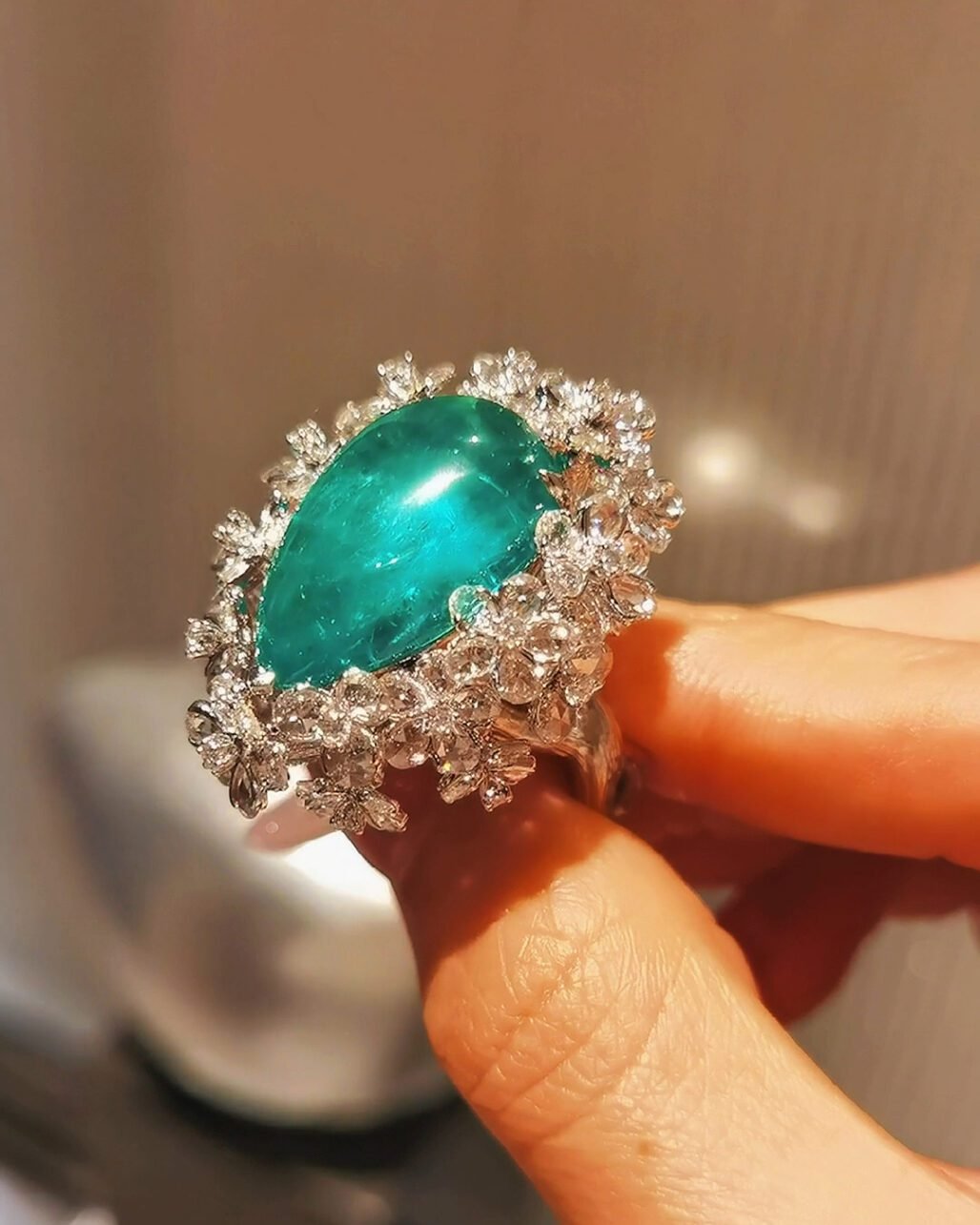 17ct Cabochon Colombian Emerald Ring - Floral Diamond Halo (GRS Certified)