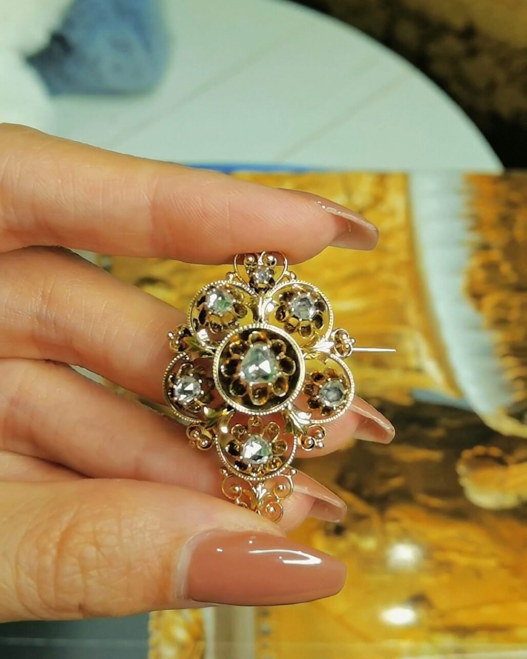 Victorian Rose Cut Diamond Flower Brooch - 1850s Antique (18k Gold Pendant)