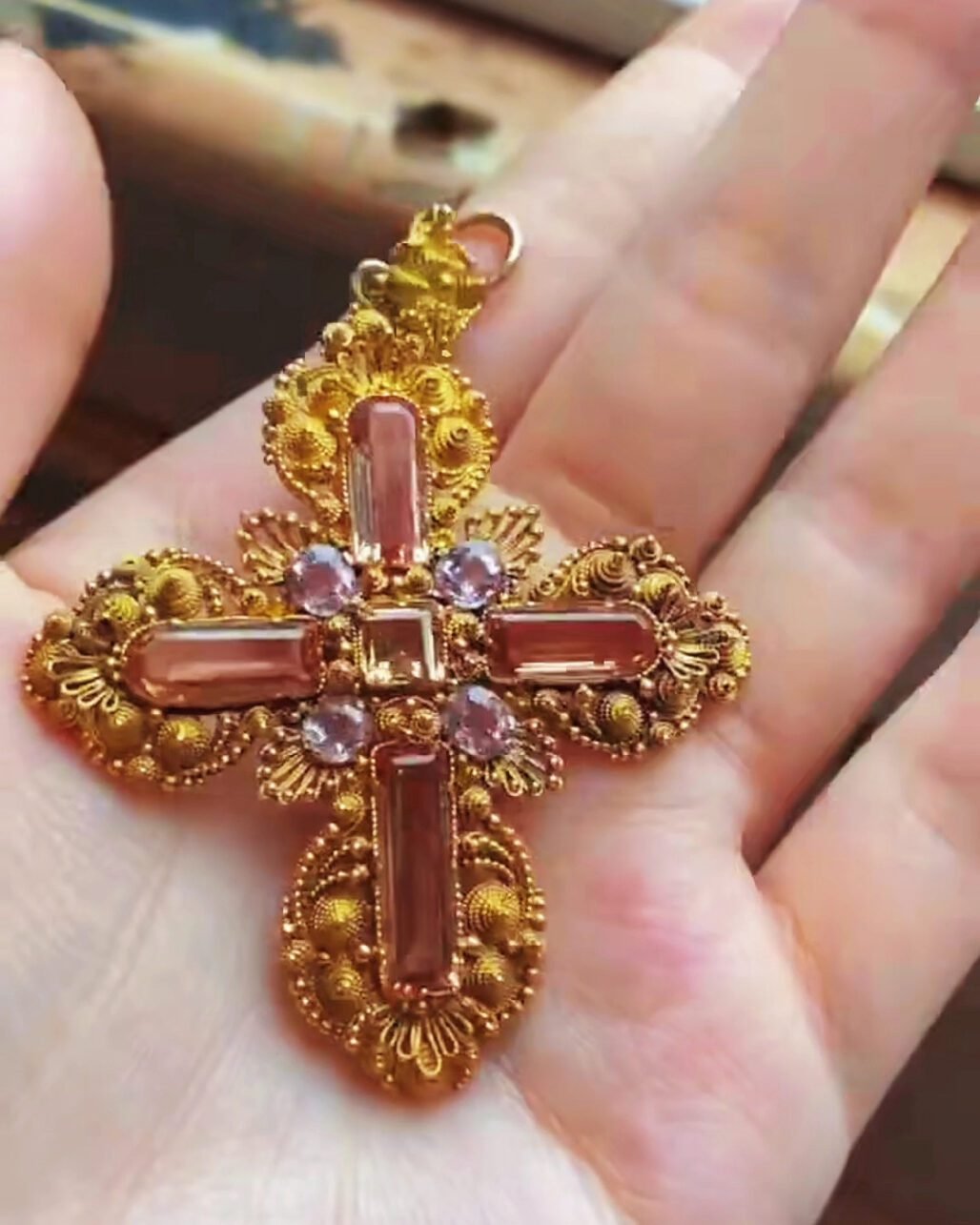 Georgian Pink Topaz Cross Pendant - c. 1830s Cannetille Gold (Museum Grade)