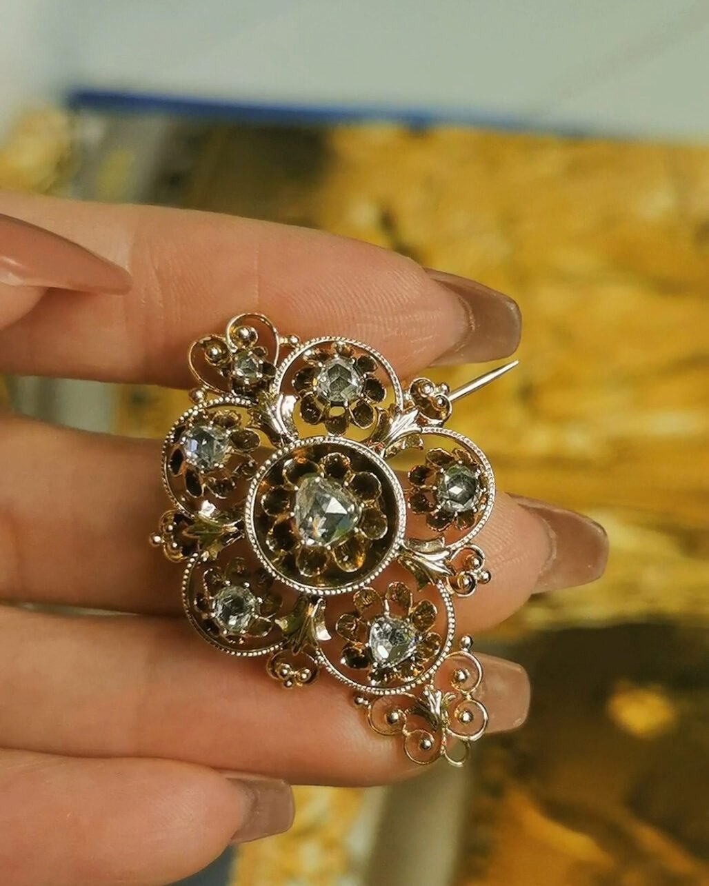 Victorian Rose Cut Diamond Flower Brooch - 1850s Antique (18k Gold Pendant)