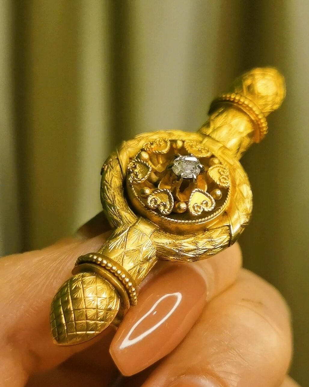 Victorian Etruscan Revival Diamond Brooch - 15k Gold Granulation (Scepter Design)