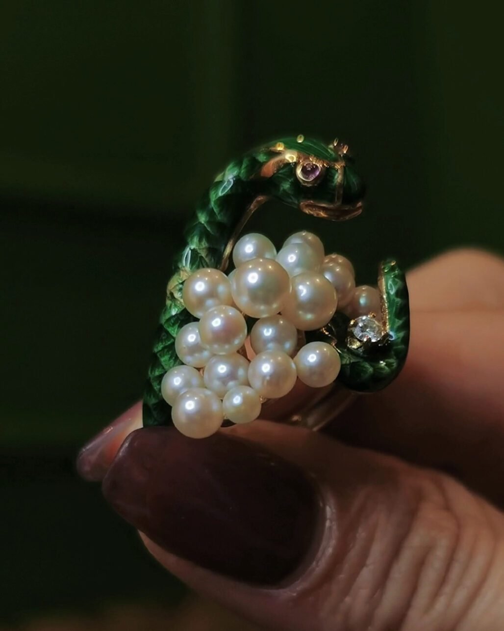 Vintage Green Enamel Serpent Ring - 18k Gold & Akoya Pearls (c. 1940s)