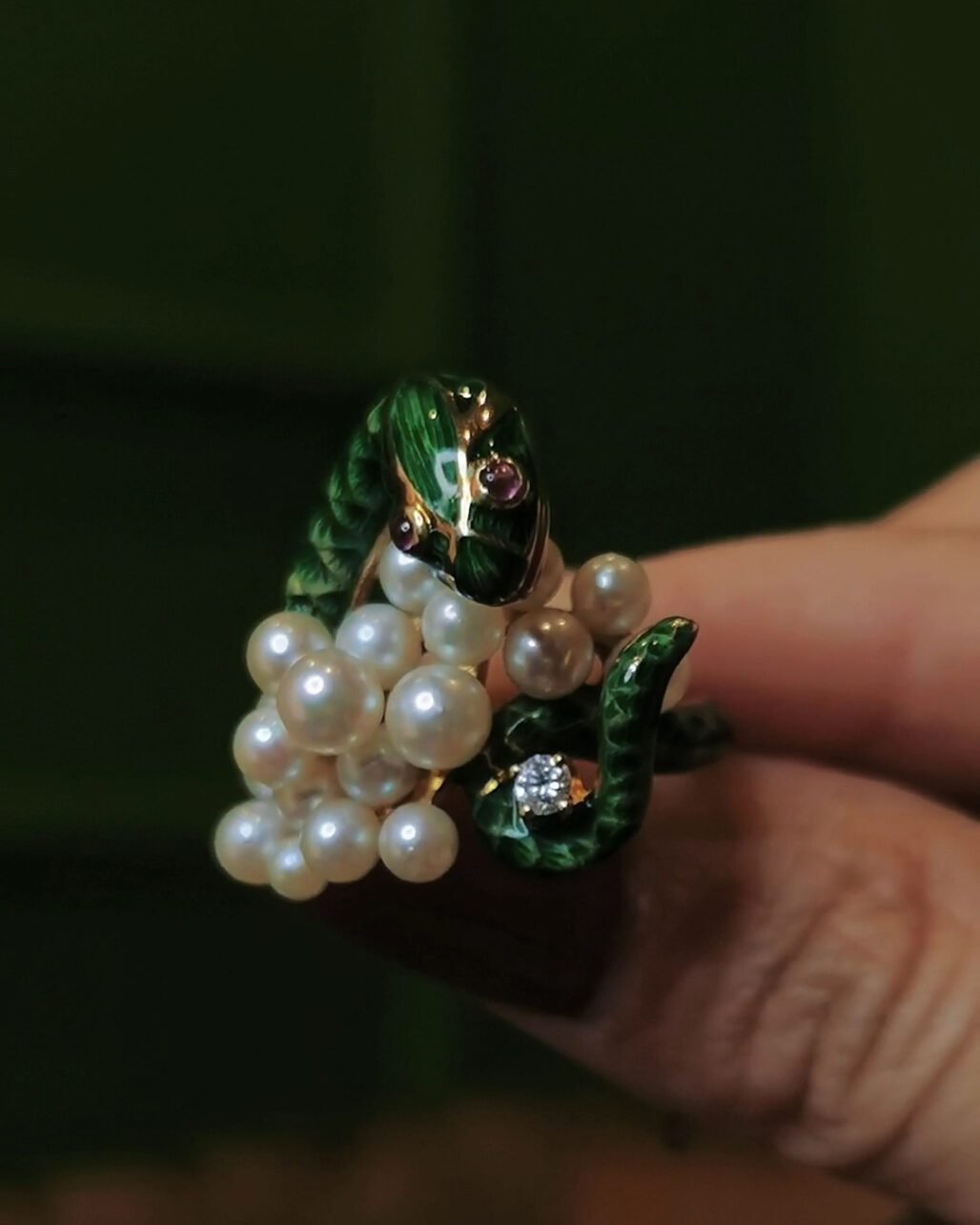 Vintage Green Enamel Serpent Ring - 18k Gold & Akoya Pearls (c. 1940s)
