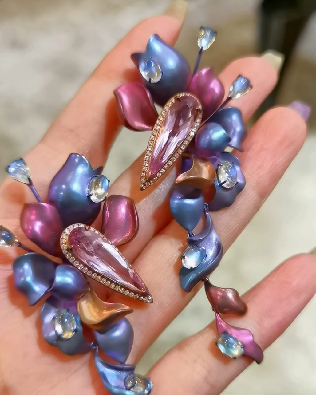 Titanium Morganite Earrings - Art Nouveau Morandi Gradient Bloom