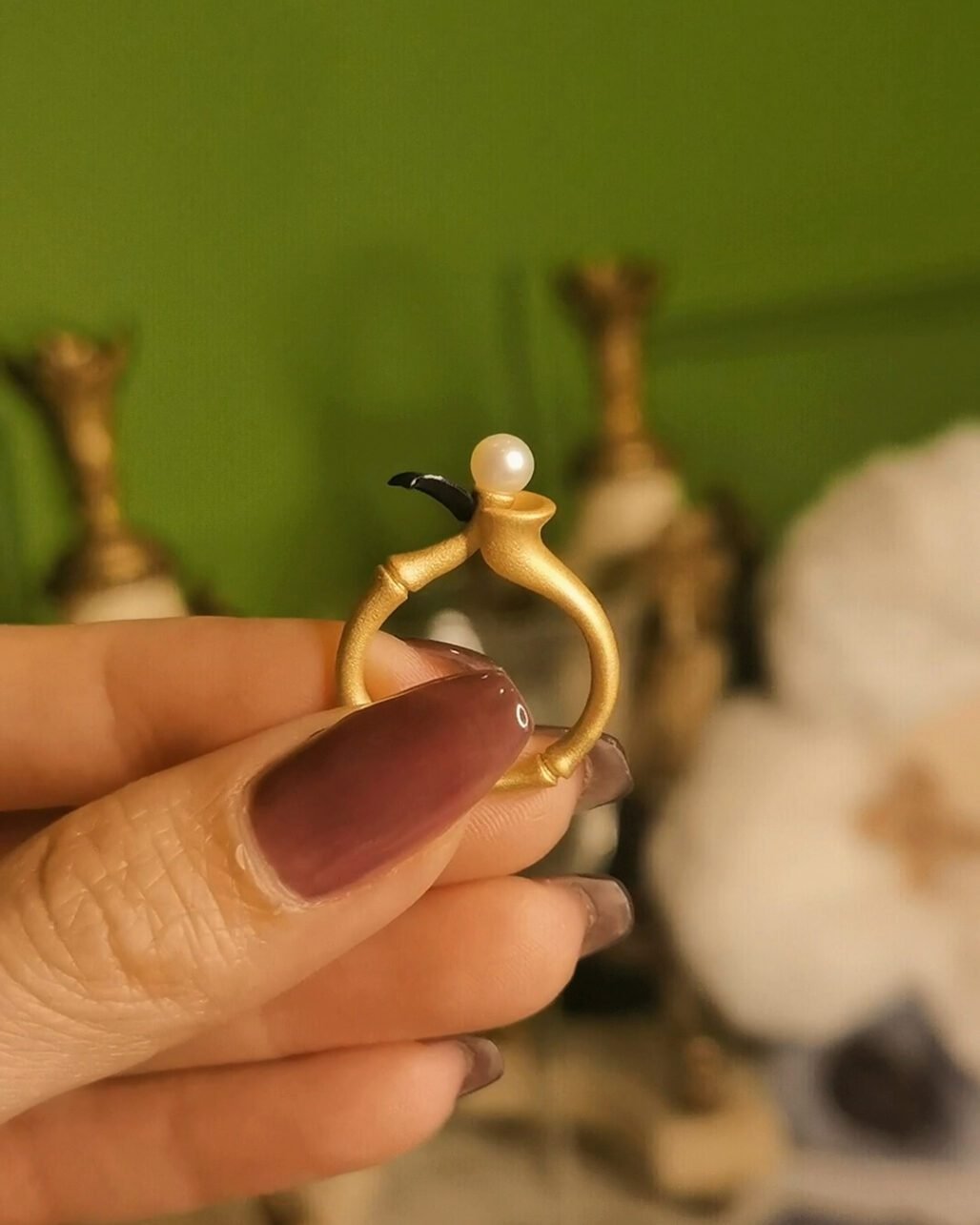 Indigo Gold Bamboo Ring - German Craftsmanship & Pearl (Symbol of Resilience)