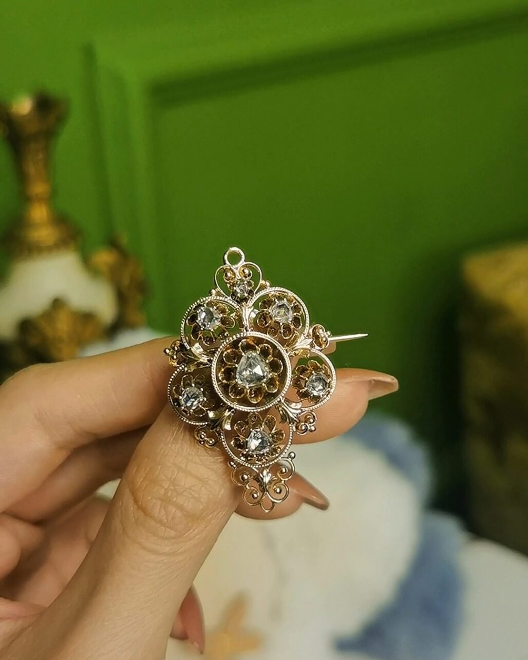 Victorian Rose Cut Diamond Flower Brooch - 1850s Antique (18k Gold Pendant)