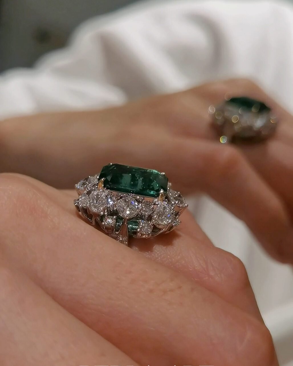 6ct Zambian Emerald Ring - Vivid Green Emerald Cut (Blooming Diamond Halo)