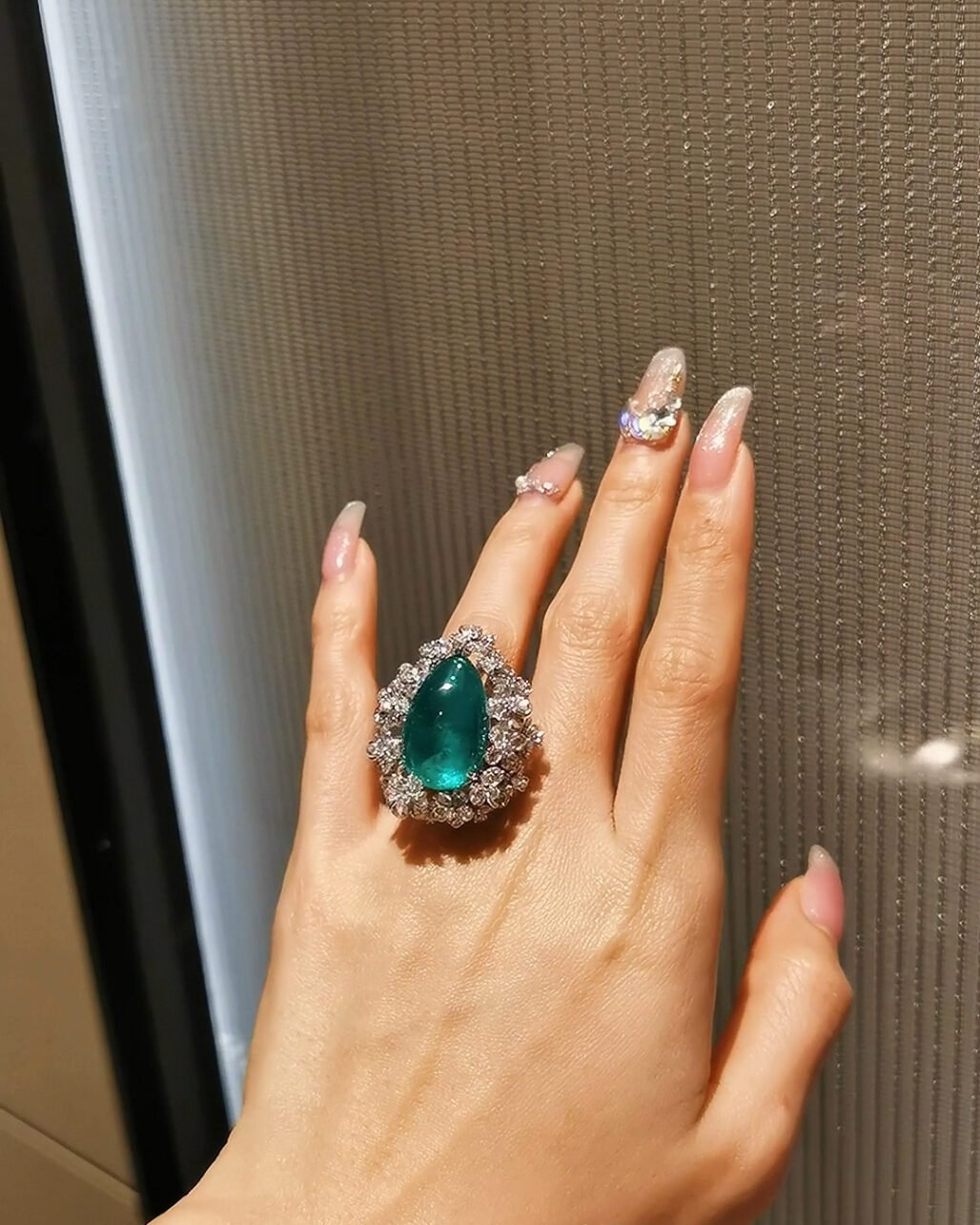 17ct Cabochon Colombian Emerald Ring - Floral Diamond Halo (GRS Certified)