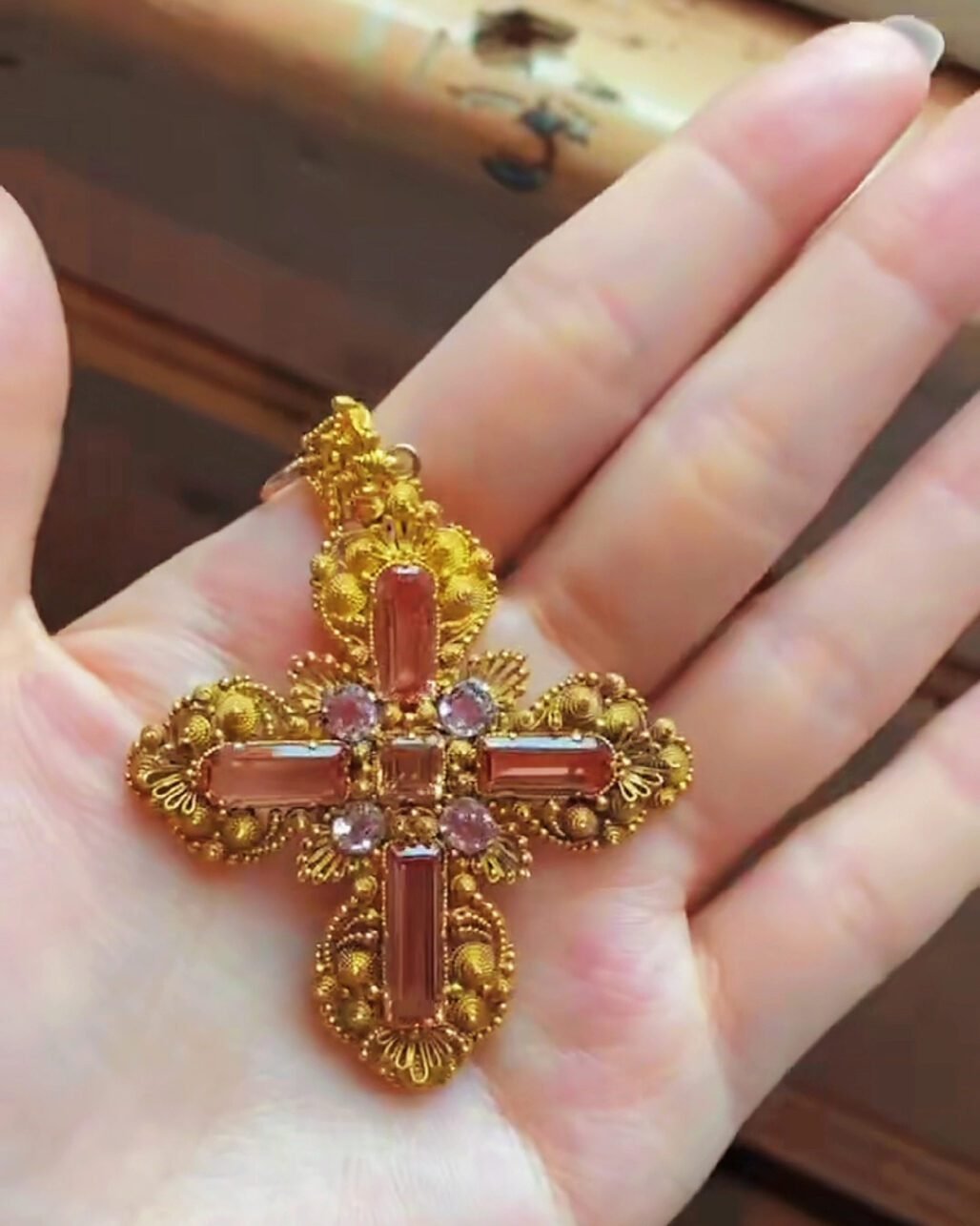 Georgian Pink Topaz Cross Pendant 1830s Cannetille Gold