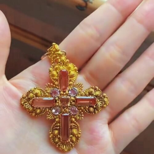 Georgian Pink Topaz Cross Pendant 1830s Cannetille Gold