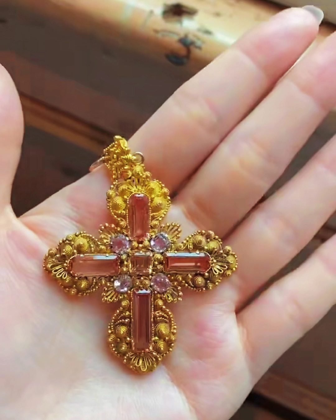 Georgian Pink Topaz Cross Pendant 1830s Cannetille Gold