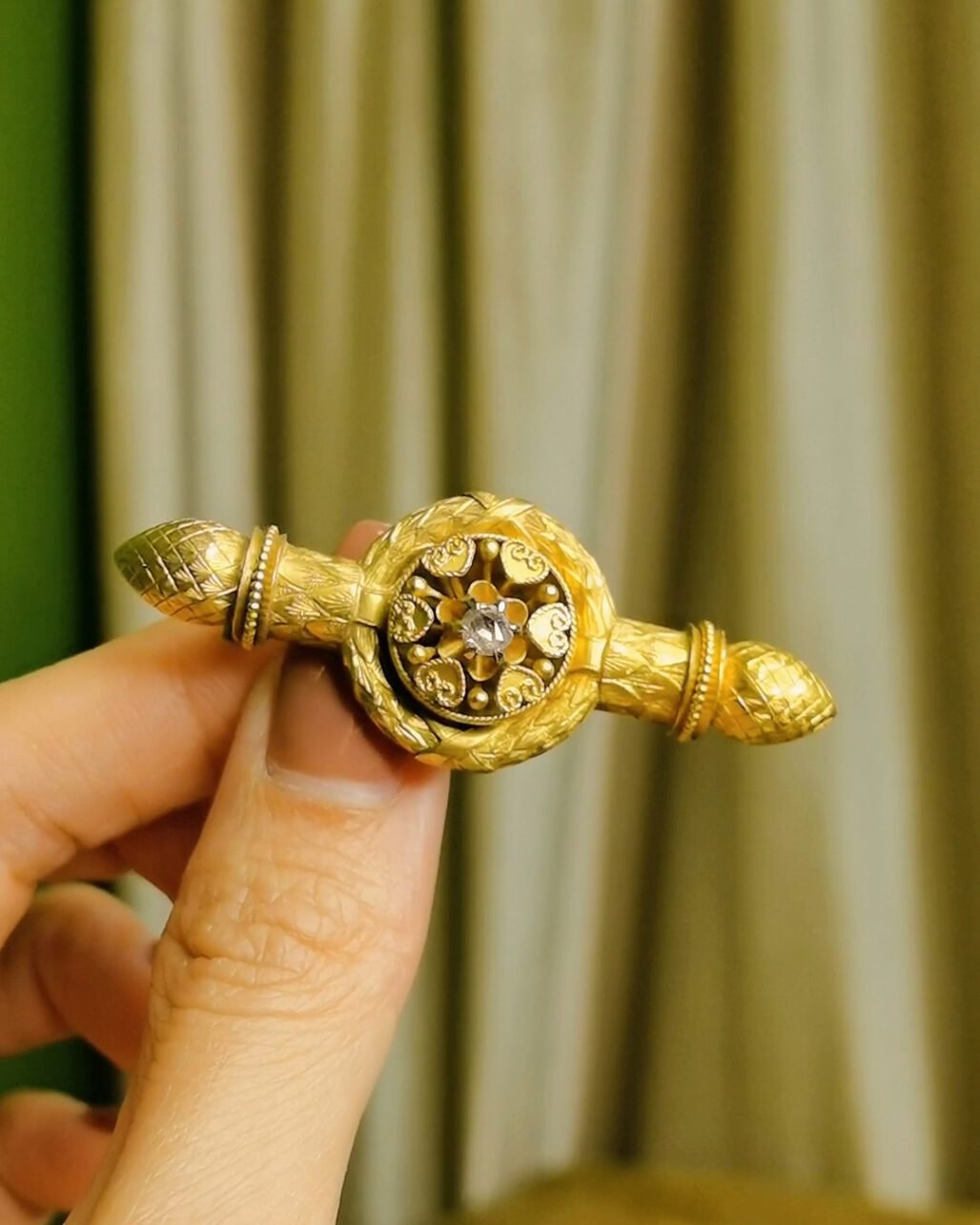 Victorian Etruscan Revival Brooch 15k Gold Granulation Diamond