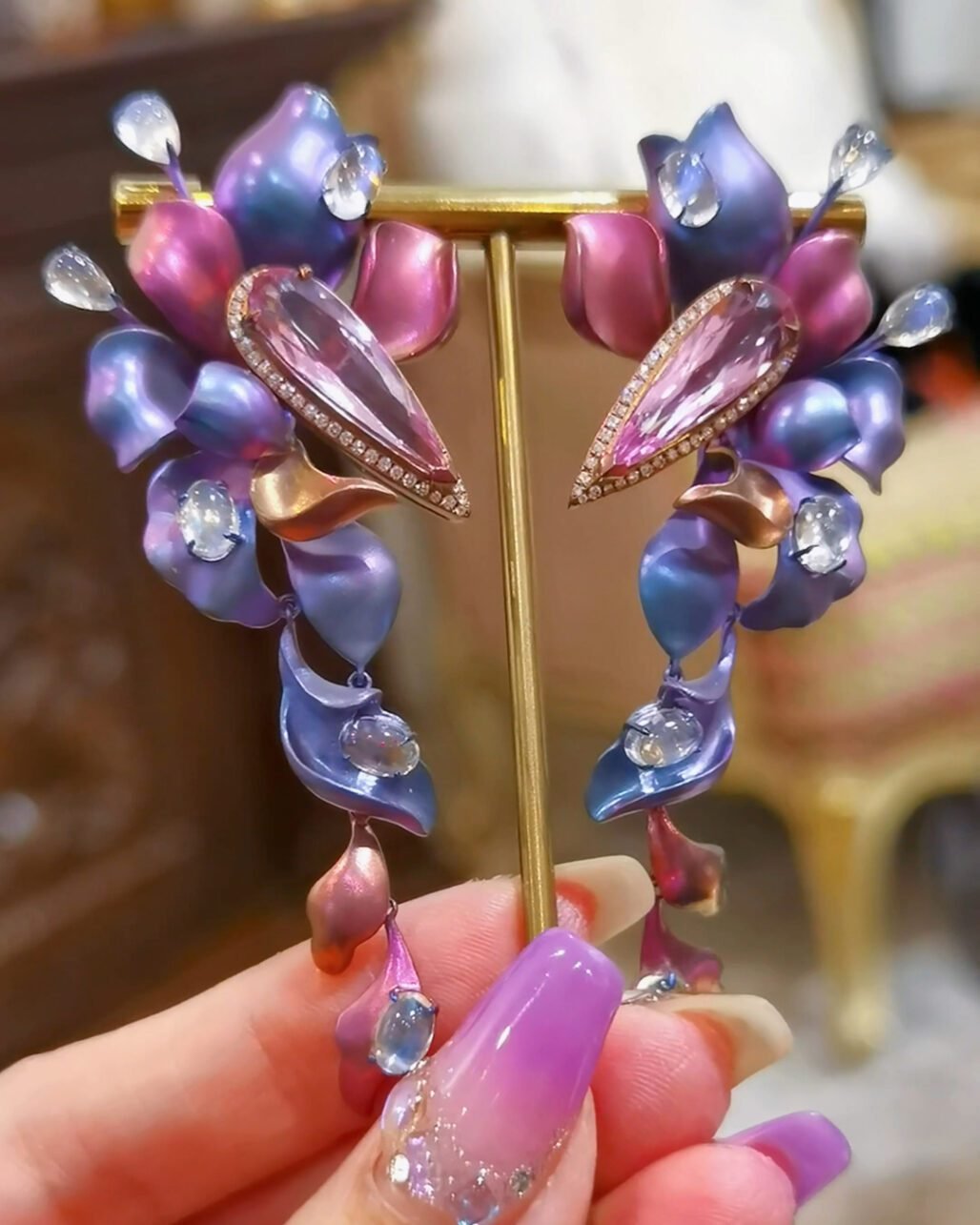 Titanium Morganite Earrings - Art Nouveau Morandi Gradient Bloom