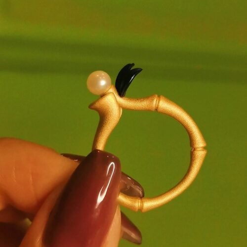 pearl-accent Indigo Gold Bamboo Ring German Craftsmanship Pearl