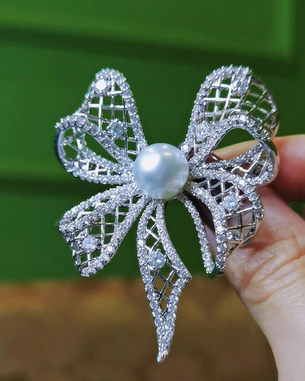 Victorian Lace Ribbon Pearl Brooch Blue Silver Overtone