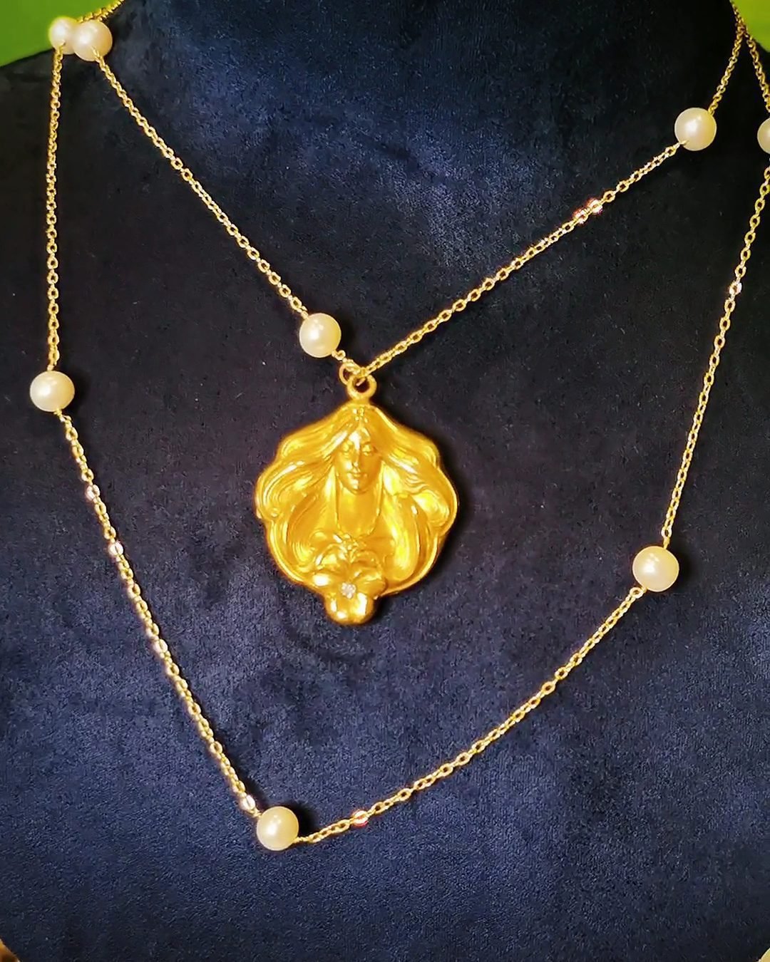 Art Nouveau Mucha Goddess Locket Necklace - 1940s Vintage Style (Pearl Station Chain)