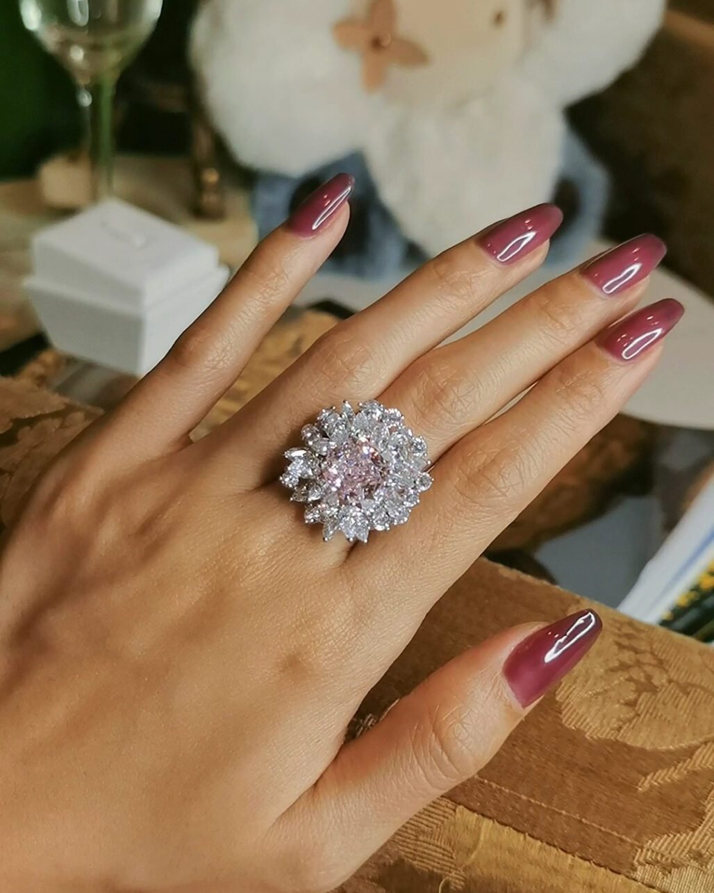 Pink Diamond Firework Ring - Cushion Cut High Carbon (Graff Style)