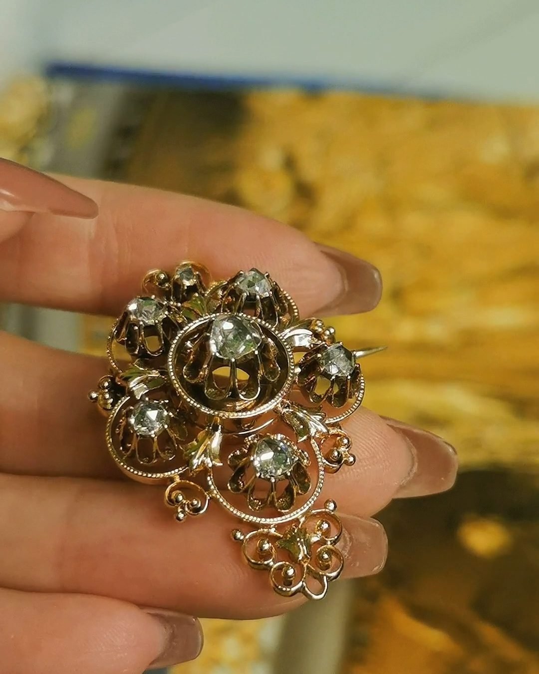Victorian Rose Cut Diamond Flower Brooch - 1850s Antique (18k Gold Pendant)