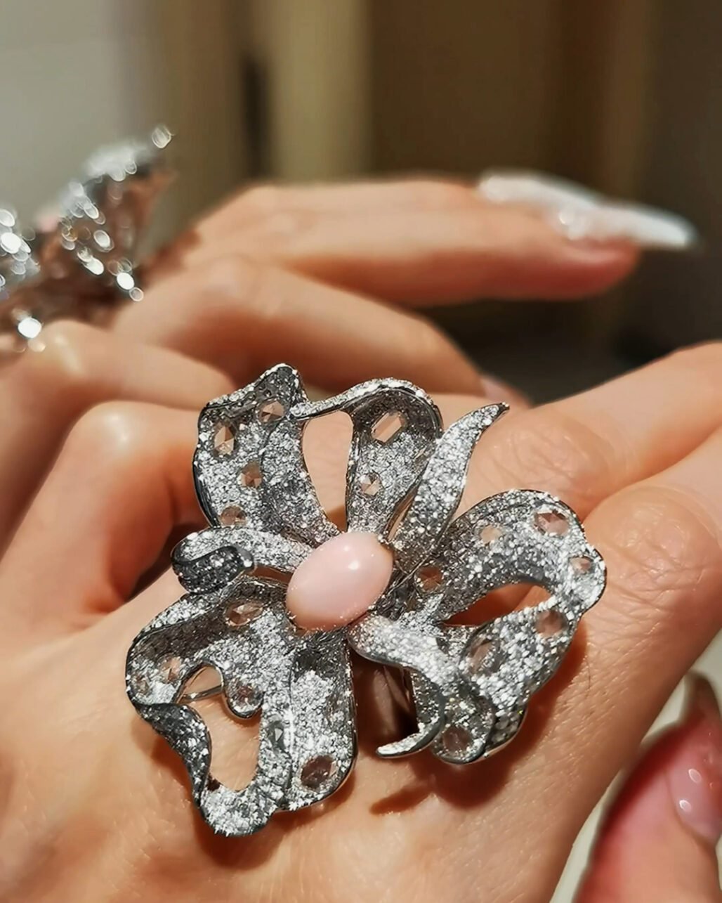 Conch Pearl Ring & Pendant - Hand Carved Wax Floral Design (High Jewelry)