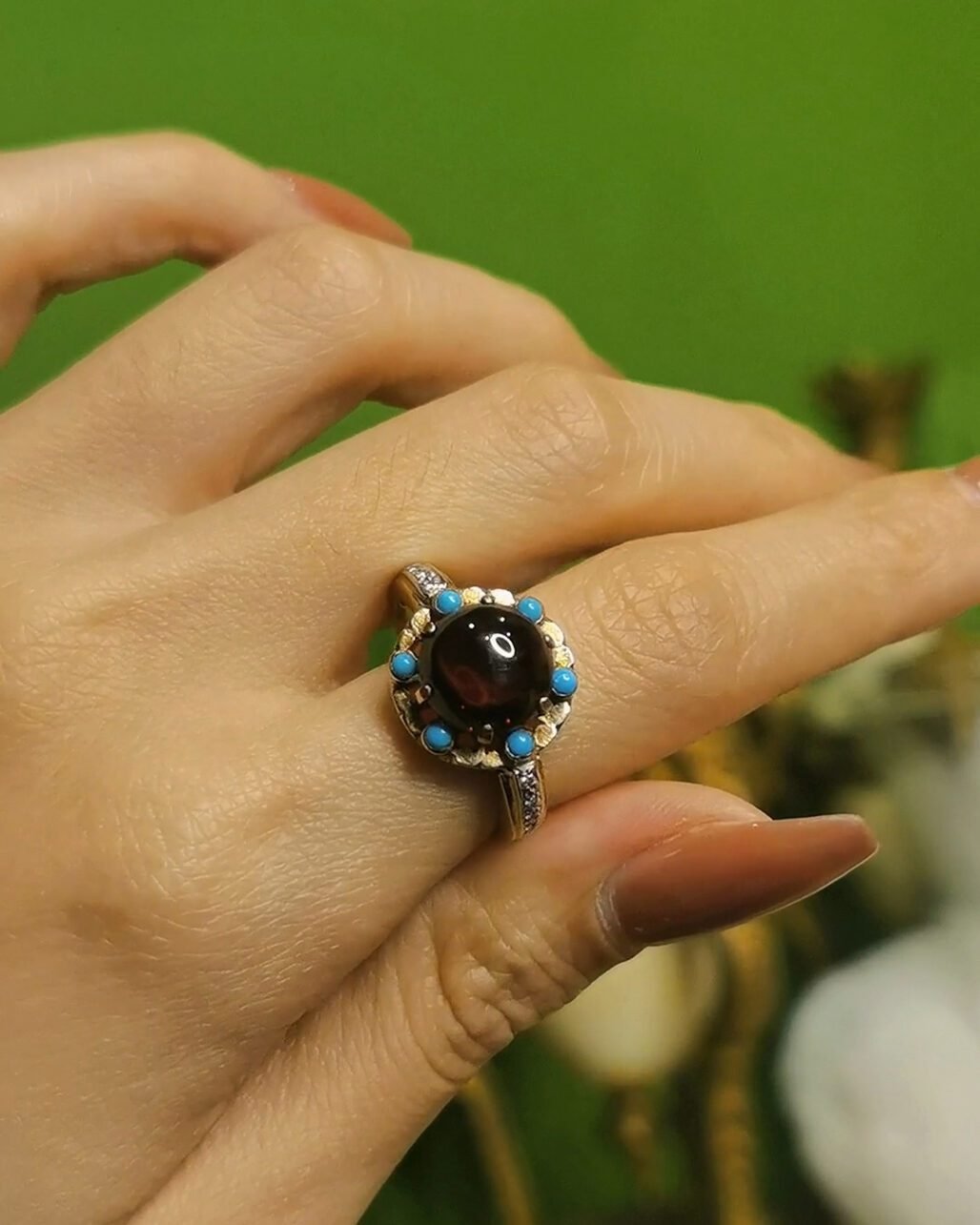 Victorian Garnet & Turquoise Ring - 1850s Antique 18k Gold (Diamond Accents)