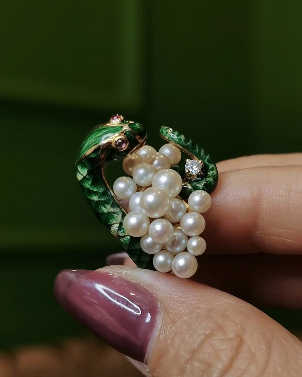Vintage Green Enamel Serpent Ring - 18k Gold & Akoya Pearls (c. 1940s)