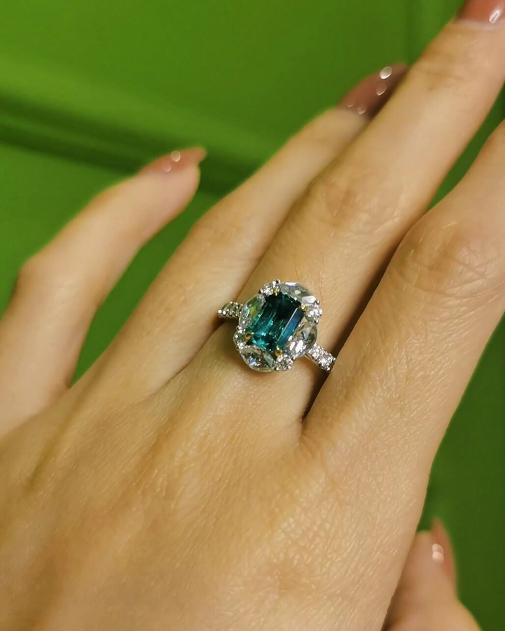 Zambian Emerald Ring - 1ct+ Vivid Green "Glass Body" (Rose Cut Diamond Halo)