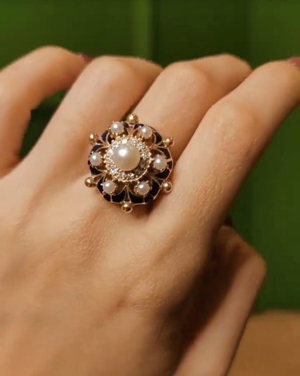 Victorian Blue Enamel & Wild Pearl Ring - 1880s 15k Gold Antique (Diamond Accents)