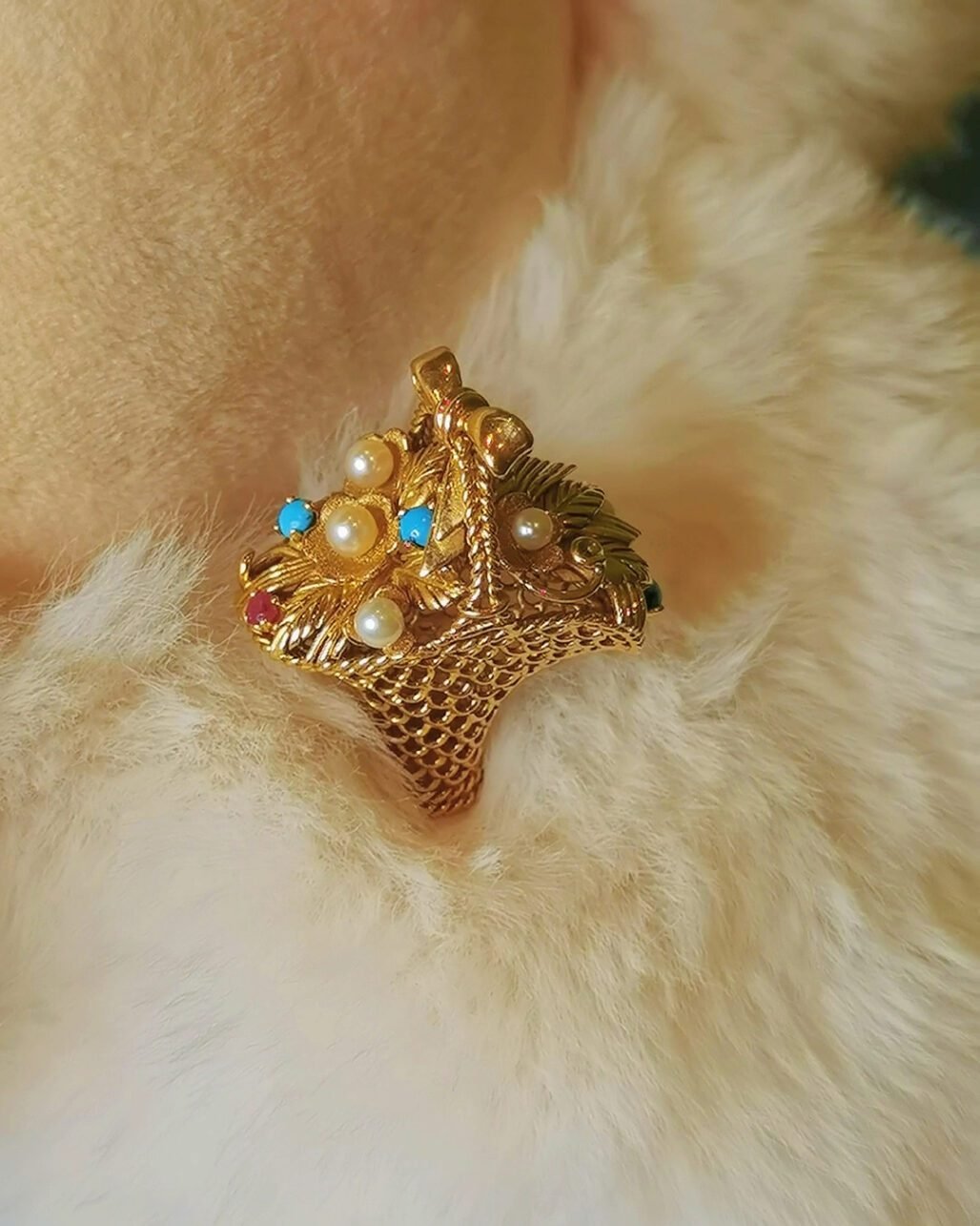 Victorian "Giardinetto" Flower Basket Brooch - 1860s 18k Gold (Ruby & Turquoise)