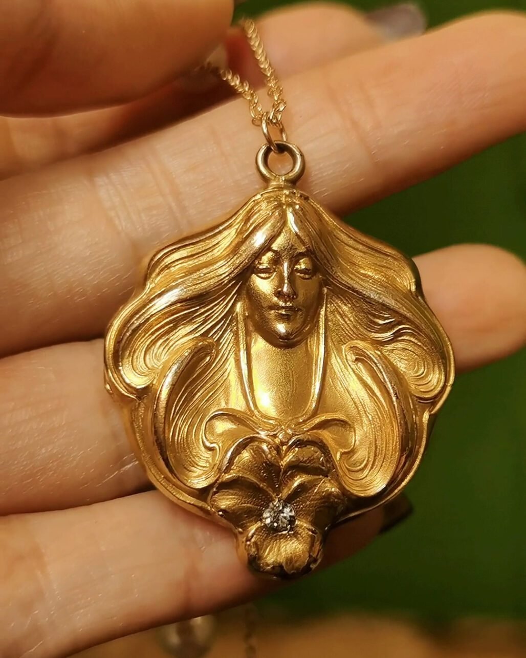 Art Nouveau Mucha Goddess Locket Necklace - 1940s Vintage Style (Pearl Station Chain)