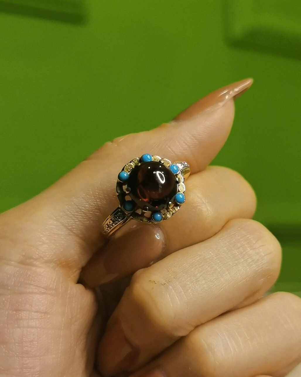 Victorian Garnet & Turquoise Ring - 1850s Antique 18k Gold (Diamond Accents)