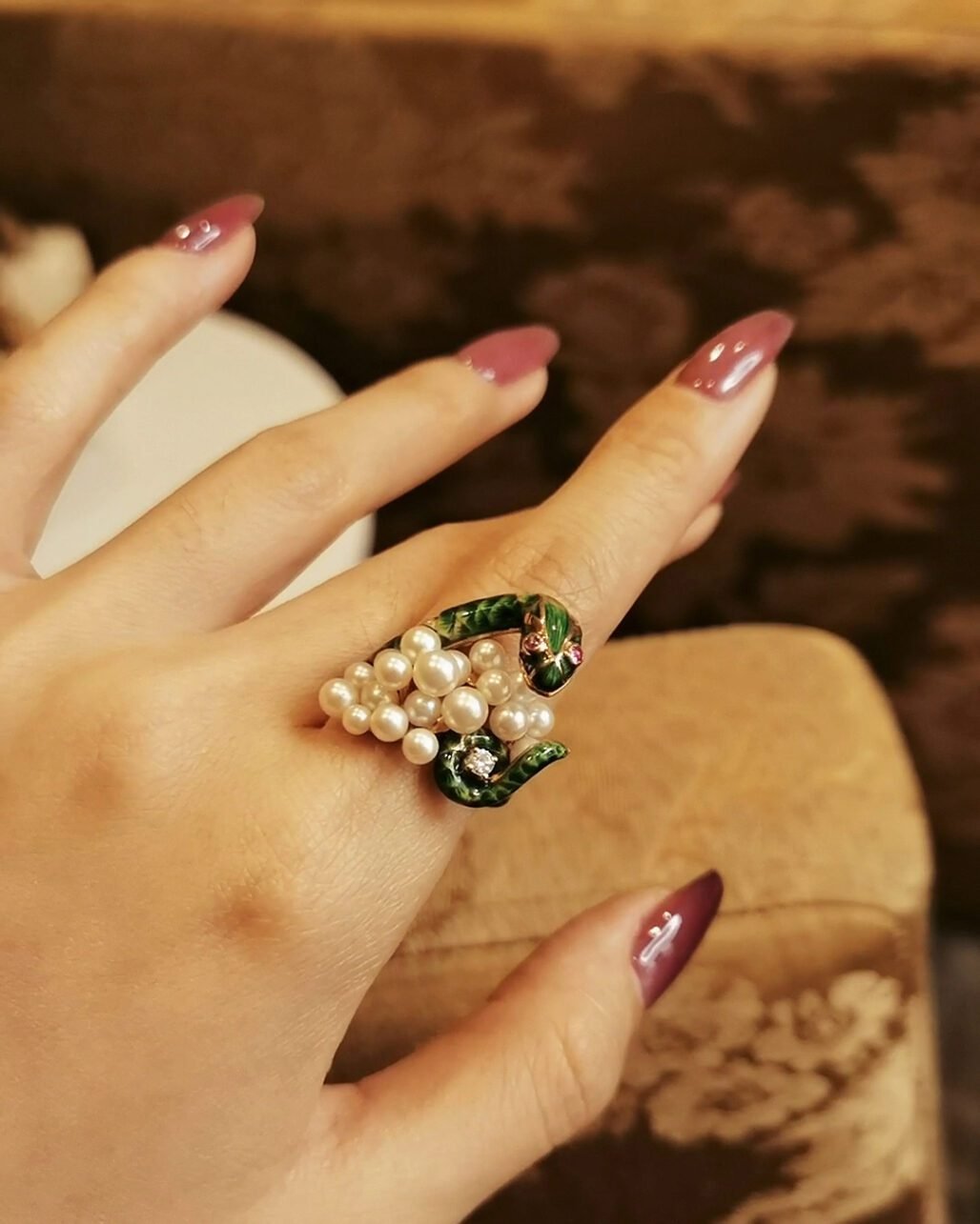 Vintage Green Enamel Serpent Ring - 18k Gold & Akoya Pearls (c. 1940s)