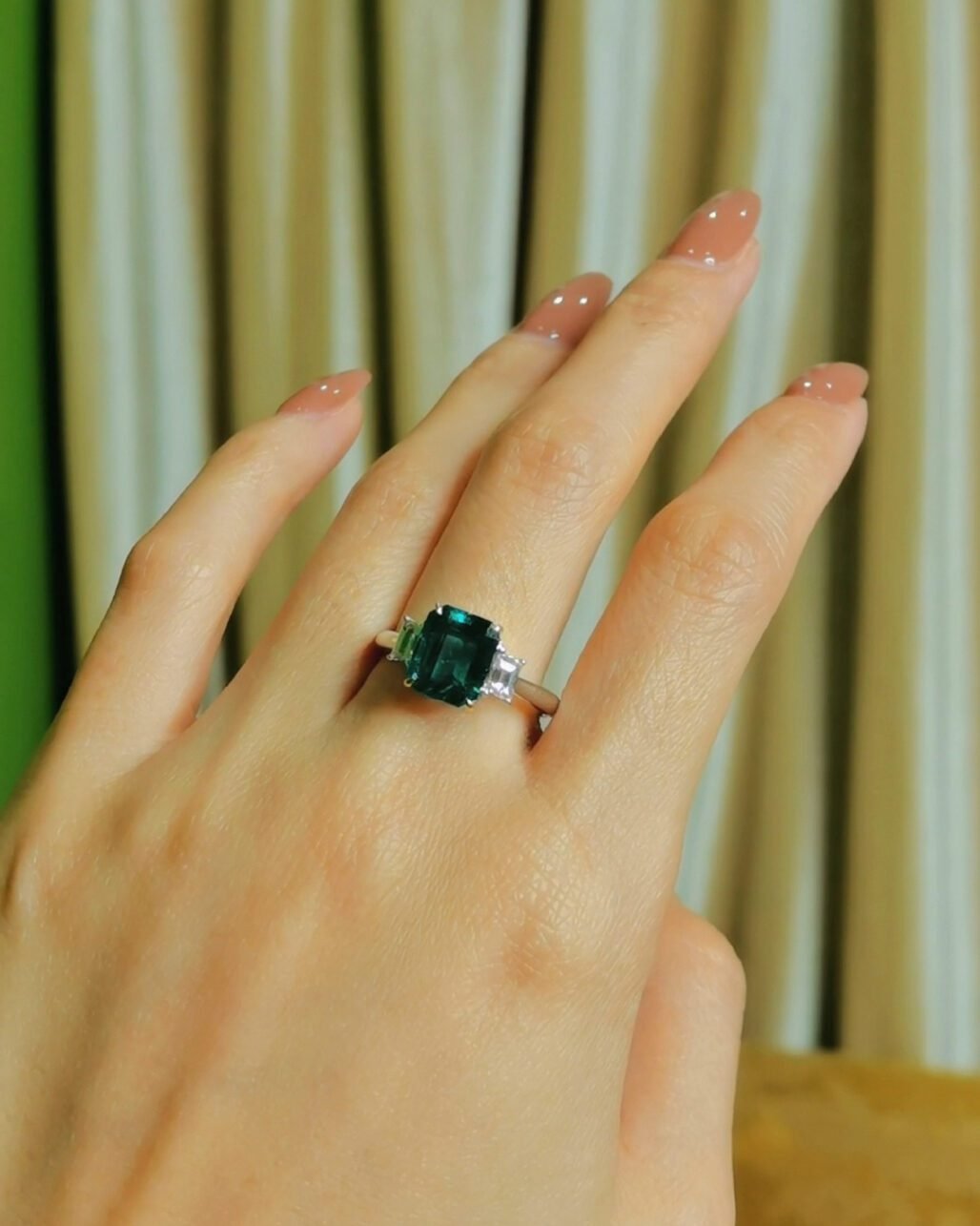 Three Stone Zambian Emerald Ring - 2.85ct Vivid Green "Trilogy" (Glass Body)