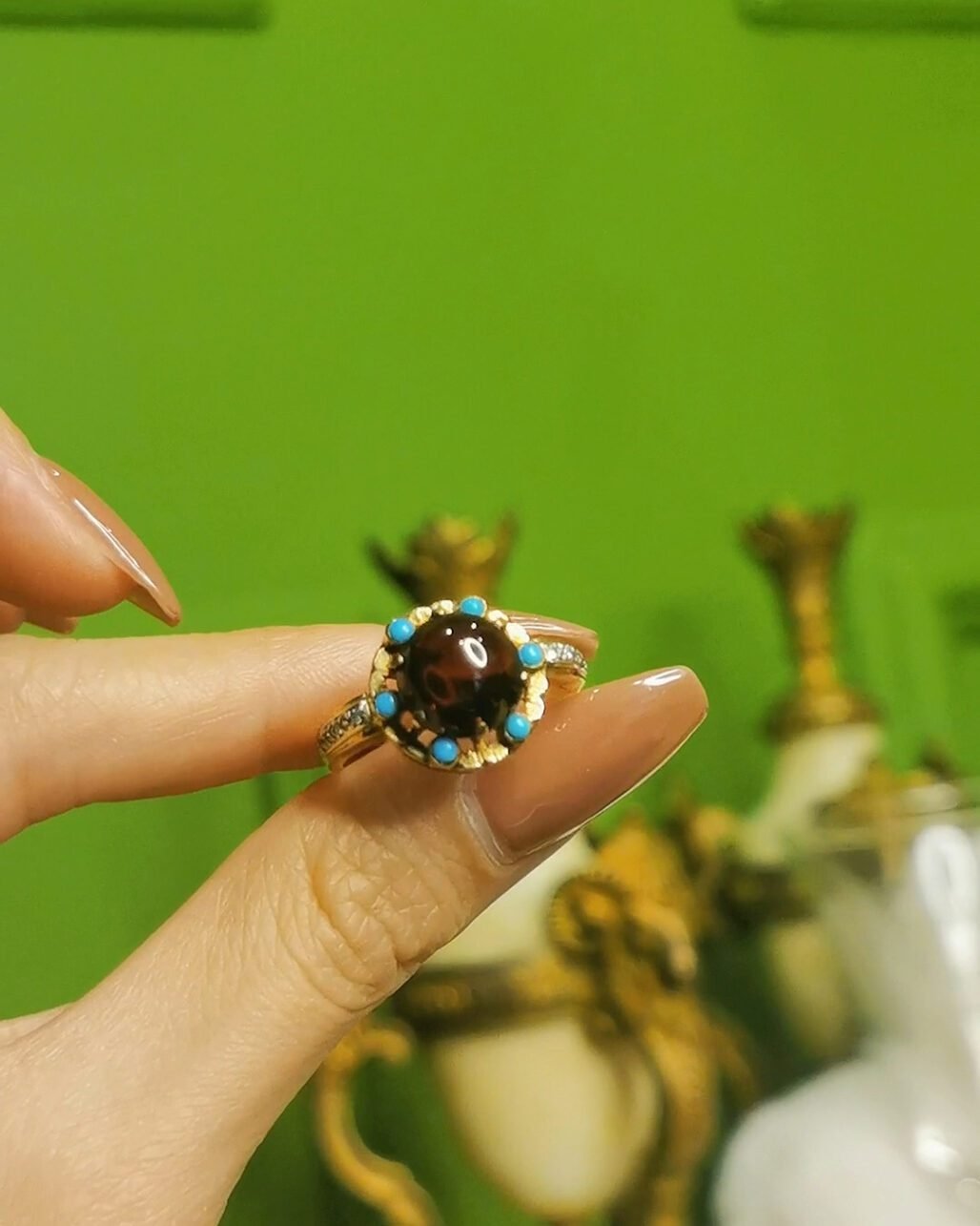 Victorian Garnet & Turquoise Ring - 1850s Antique 18k Gold (Diamond Accents)