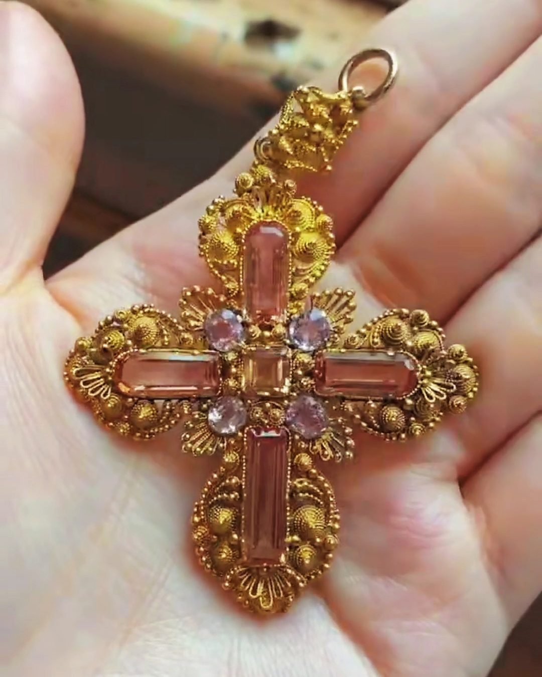Georgian Pink Topaz Cross Pendant - c. 1830s Cannetille Gold (Museum Grade)