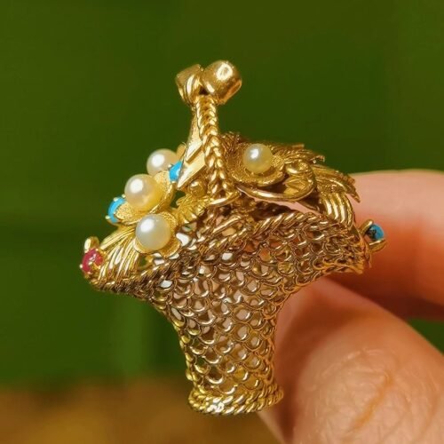 victorian-basket-brooch Victorian "Giardinetto" Flower Basket Brooch - 1860s 18k Gold (Ruby & Turquoise)