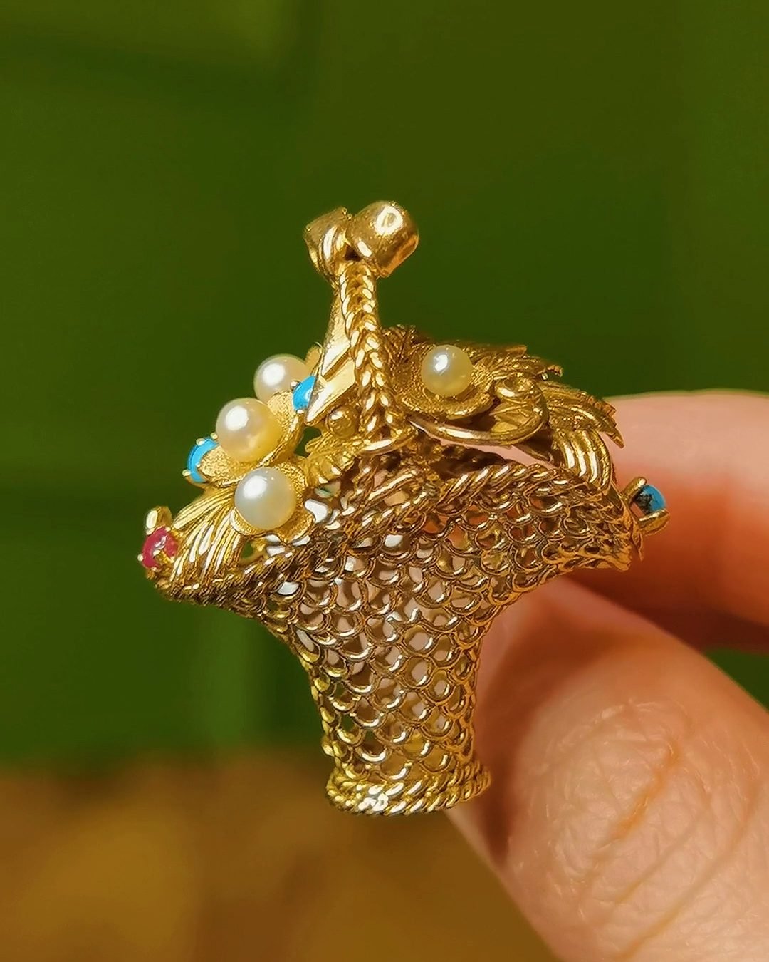 Victorian "Giardinetto" Flower Basket Brooch - 1860s 18k Gold (Ruby & Turquoise)