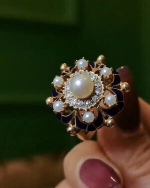 victorian-blue-enamel-pearl-ring-1880s Victorian Blue Enamel & Wild Pearl Ring - 1880s 15k Gold Antique (Diamond Accents)