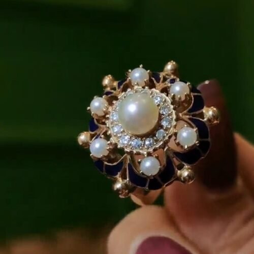 Victorian Blue Enamel & Wild Pearl Ring - 1880s 15k Gold Antique (Diamond Accents)