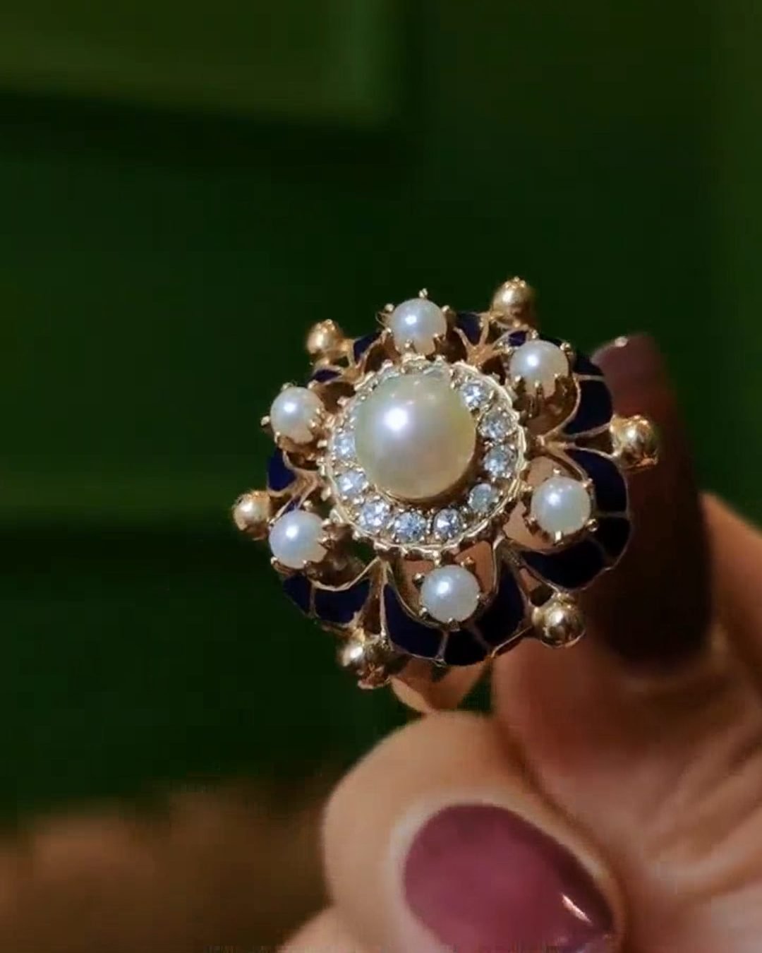 Victorian Blue Enamel & Wild Pearl Ring - 1880s 15k Gold Antique (Diamond Accents)