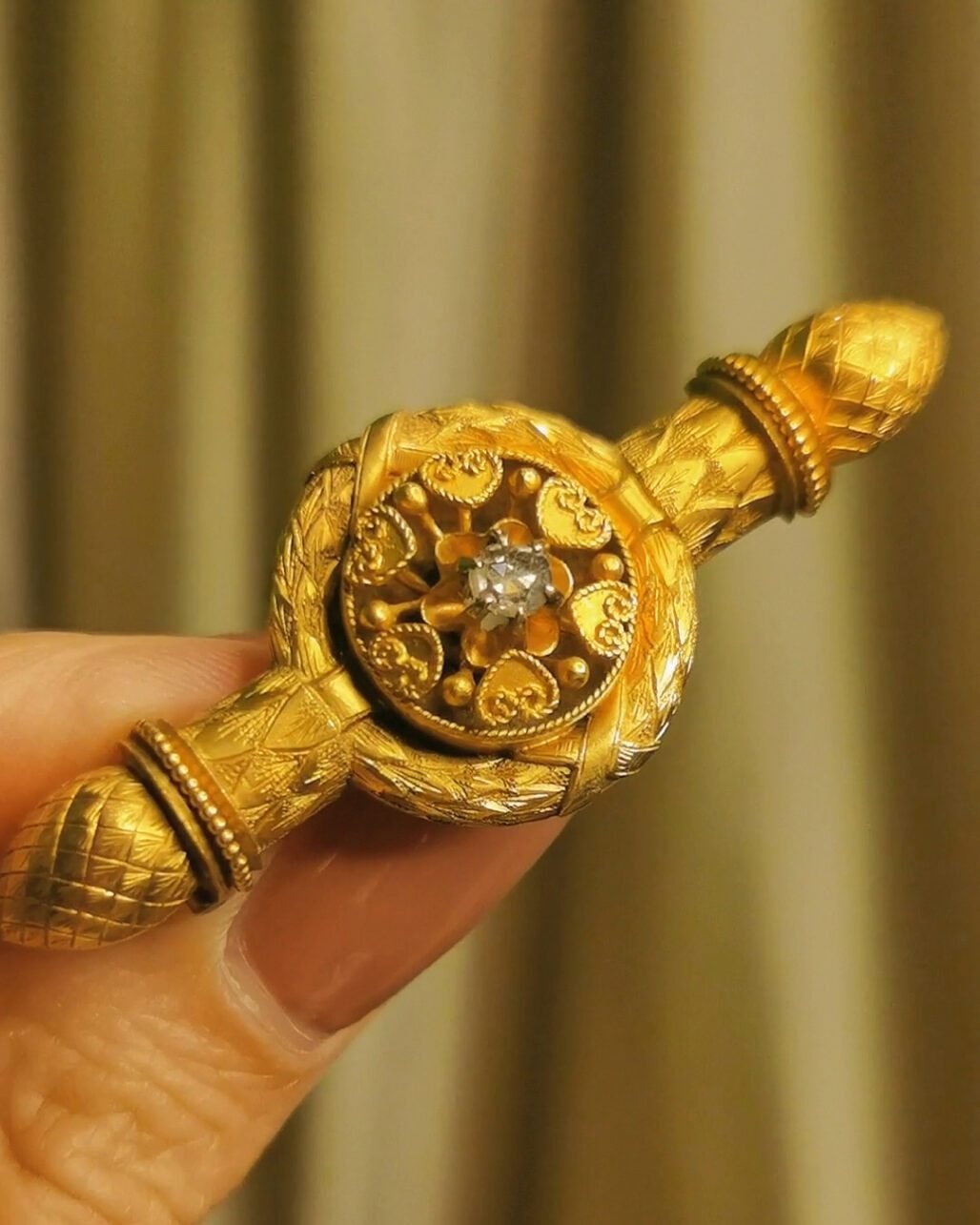 Victorian Etruscan Revival Diamond Brooch - 15k Gold Granulation (Scepter Design)
