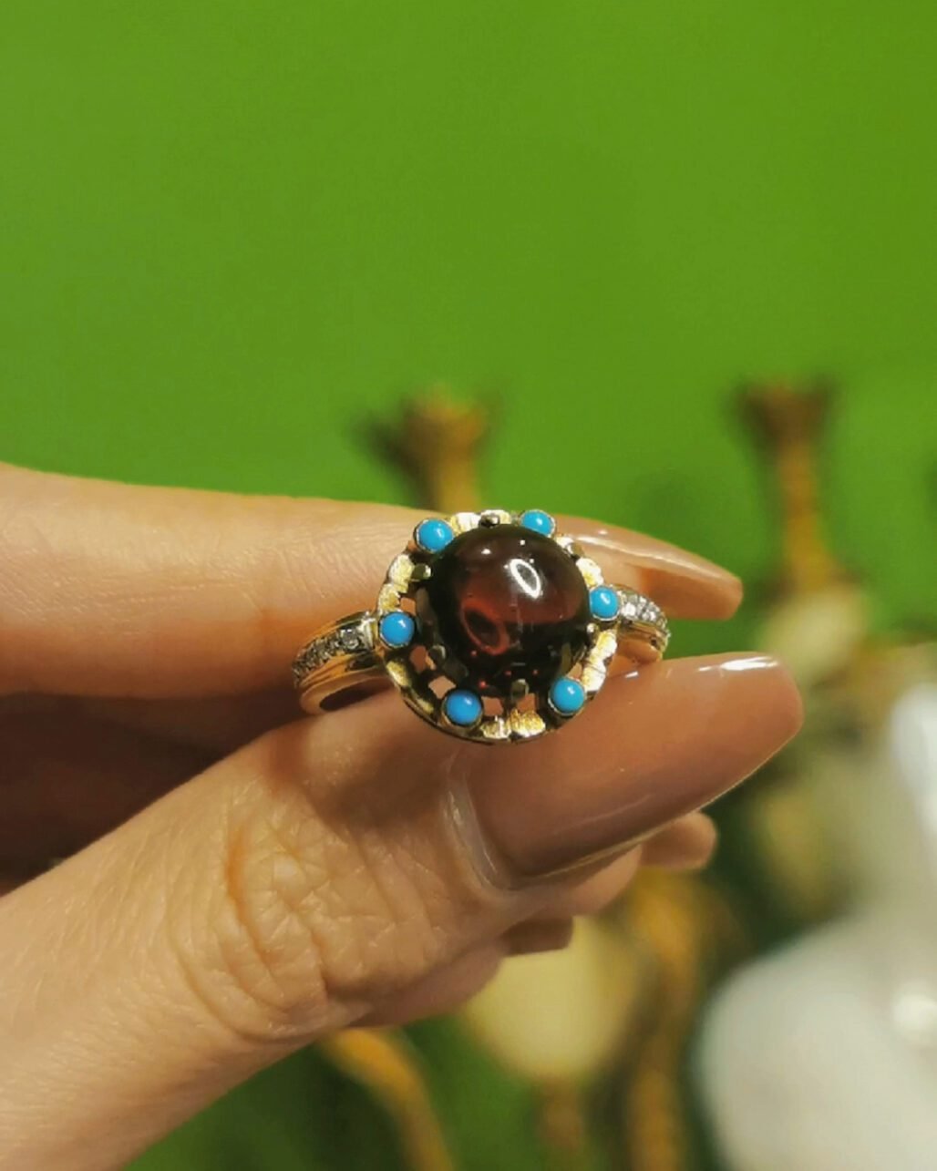 Victorian Garnet Turquoise Ring 1850s Antique Gold