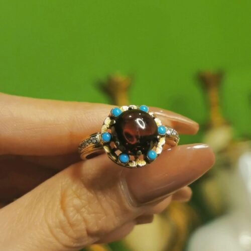 Victorian Garnet Turquoise Ring 1850s Antique Gold