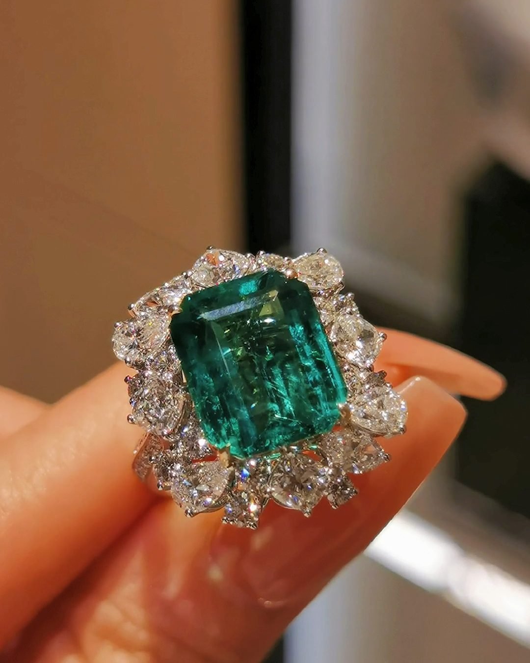 6ct Zambian Emerald Ring - Vivid Green Emerald Cut (Blooming Diamond Halo)