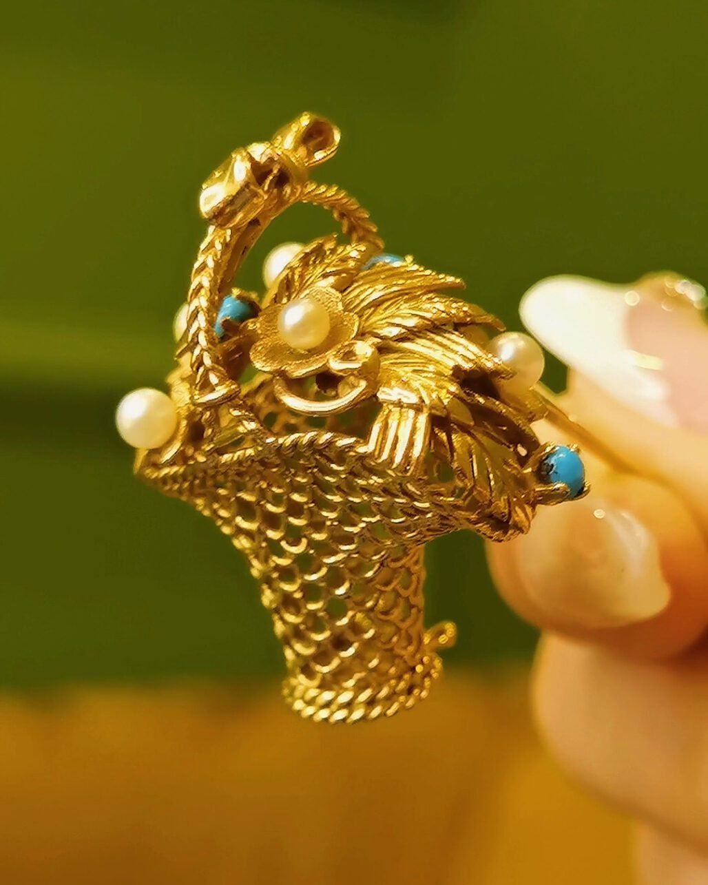 Victorian "Giardinetto" Flower Basket Brooch - 1860s 18k Gold (Ruby & Turquoise)